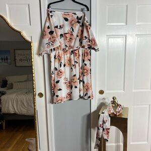 Floral Off-Shoulder Dress with Matching Sash